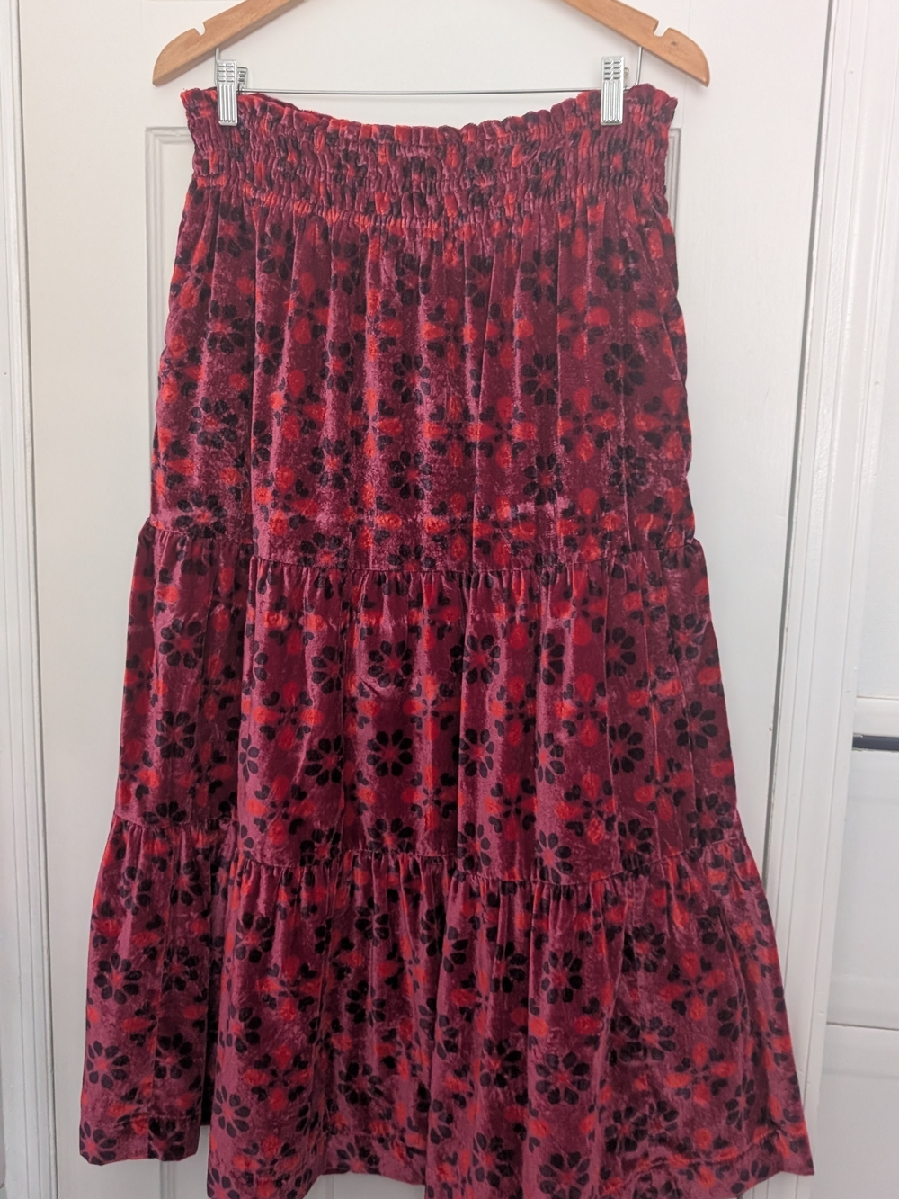 Anthropologie Red Floral Tiered Velvet Maxi Skirt
